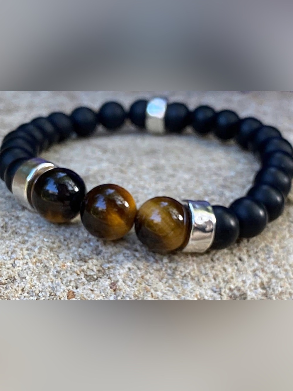 Grace & Heart G&H Mens TIGA Stretch Bracelet .925 SS Black Onyx Tiger Eye SIze L